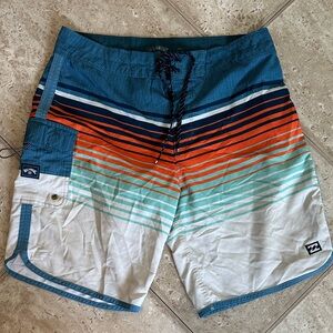 Billabong Men's Striped Blue and Orange Board Shorts